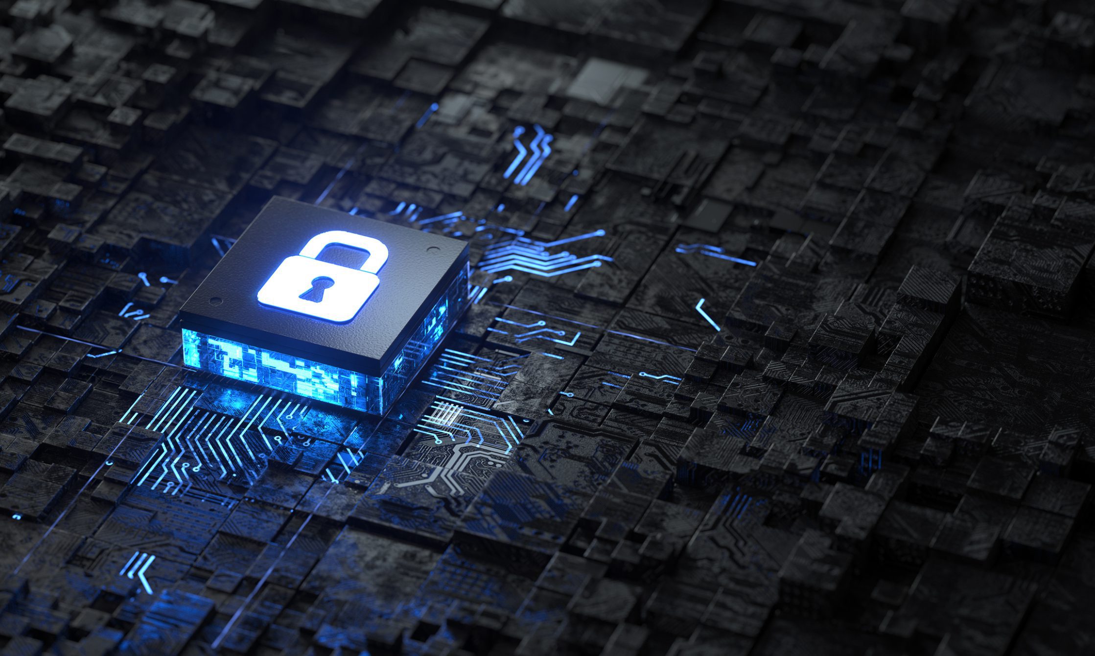 Glowing lock on circuit board surface.