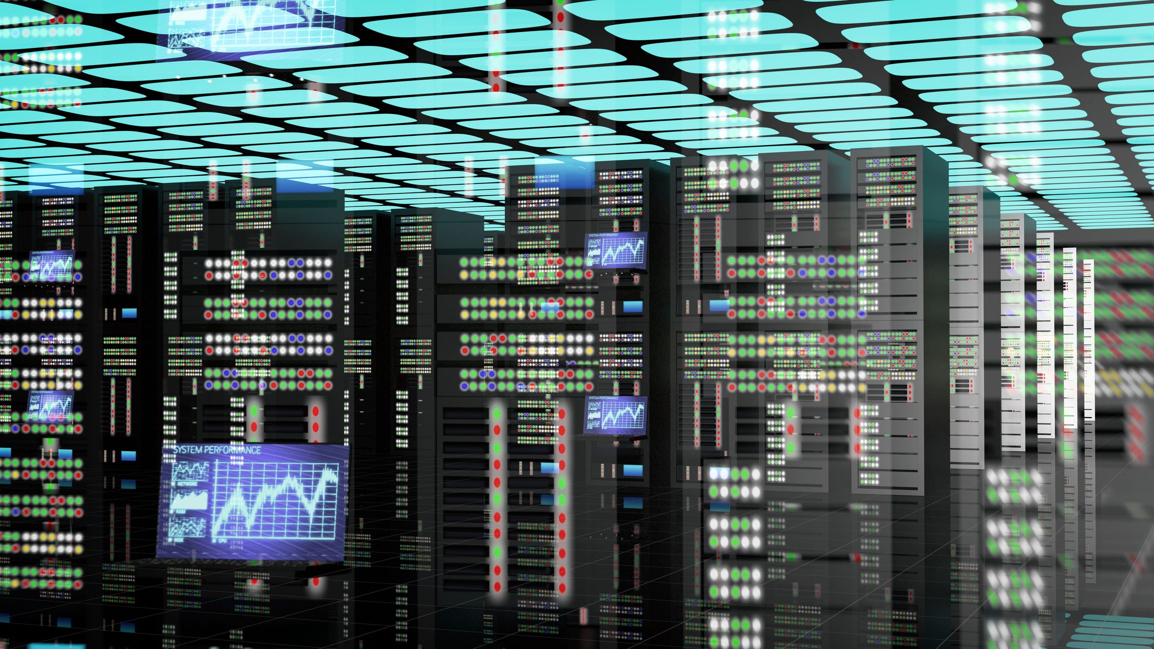 Data center with servers and digital screens.