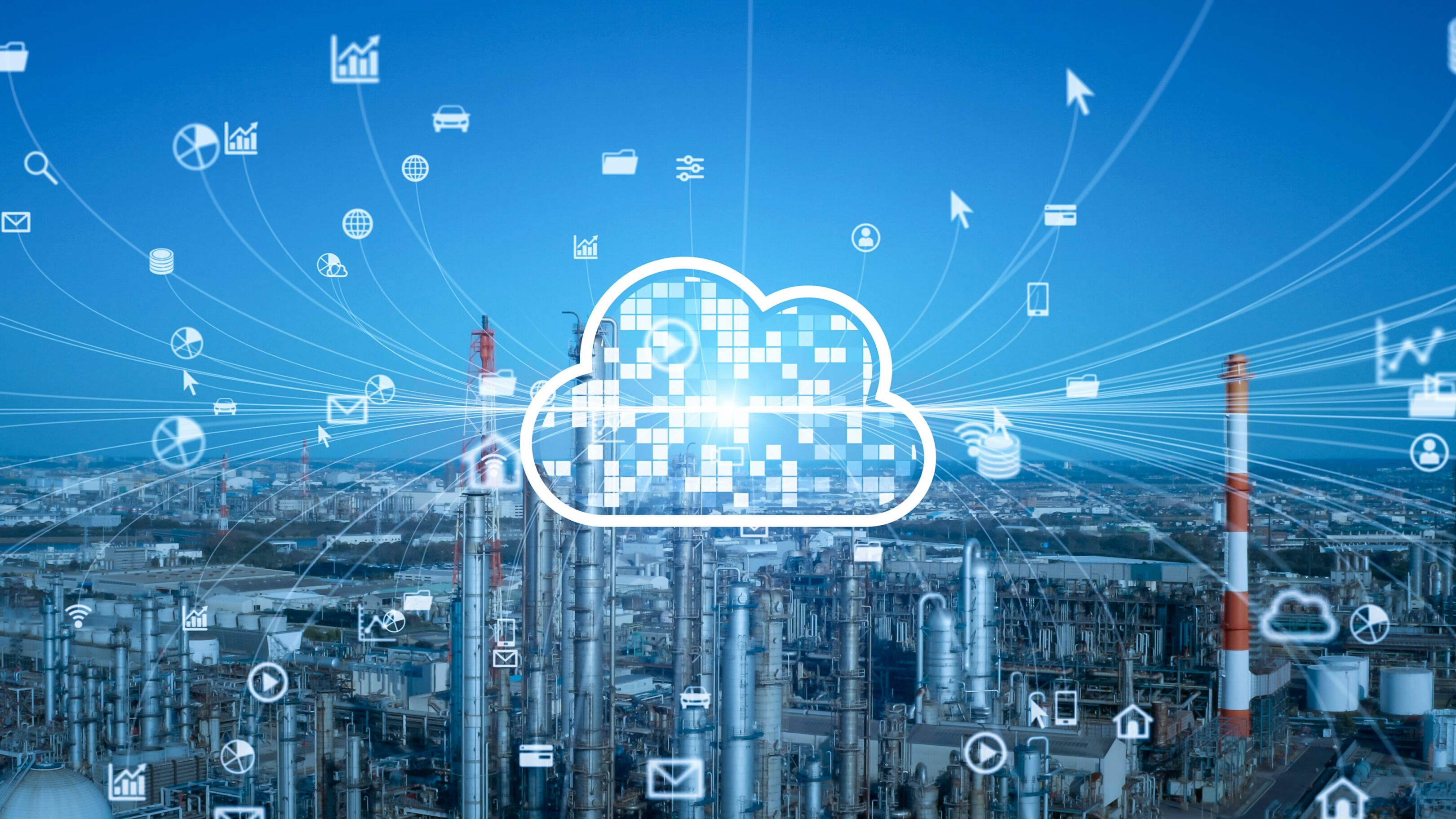 Cloud computing over industrial landscape with icons.