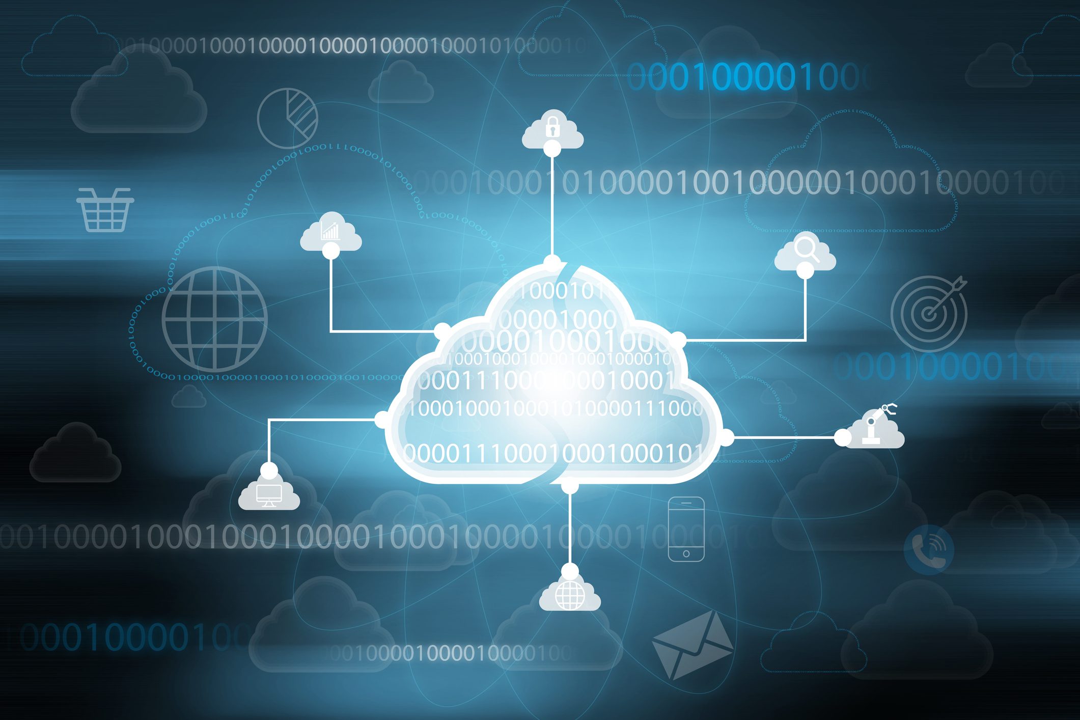 Cloud computing network with binary code background.