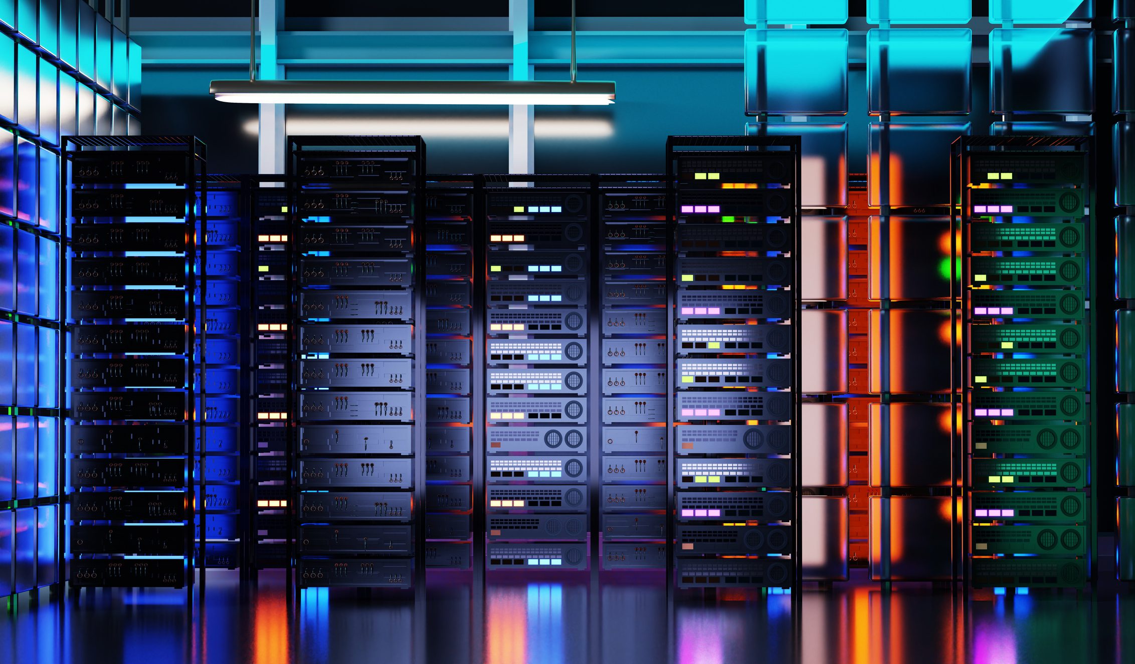 Colorful data center server racks with lights.