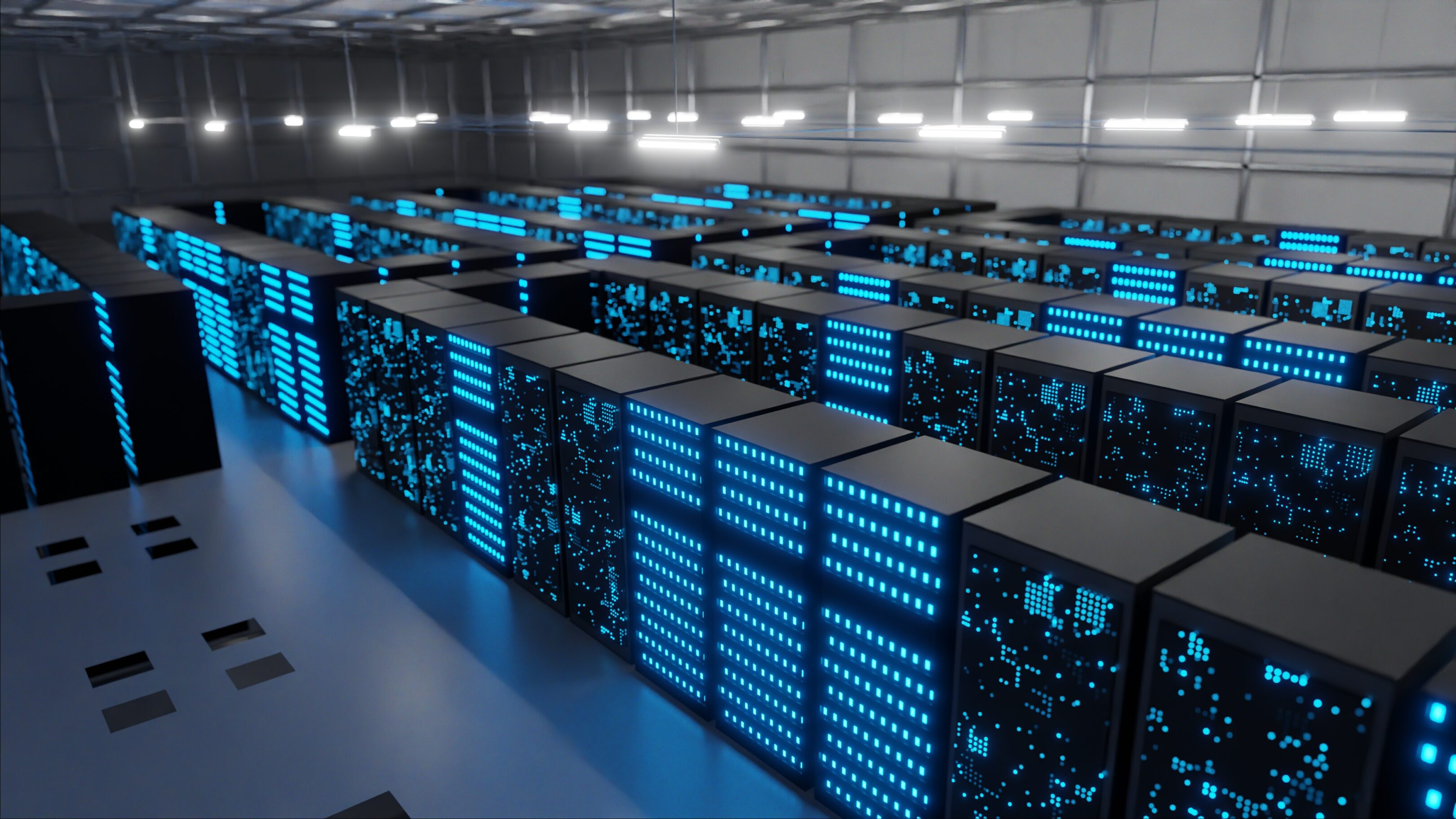 Data center with illuminated server racks.