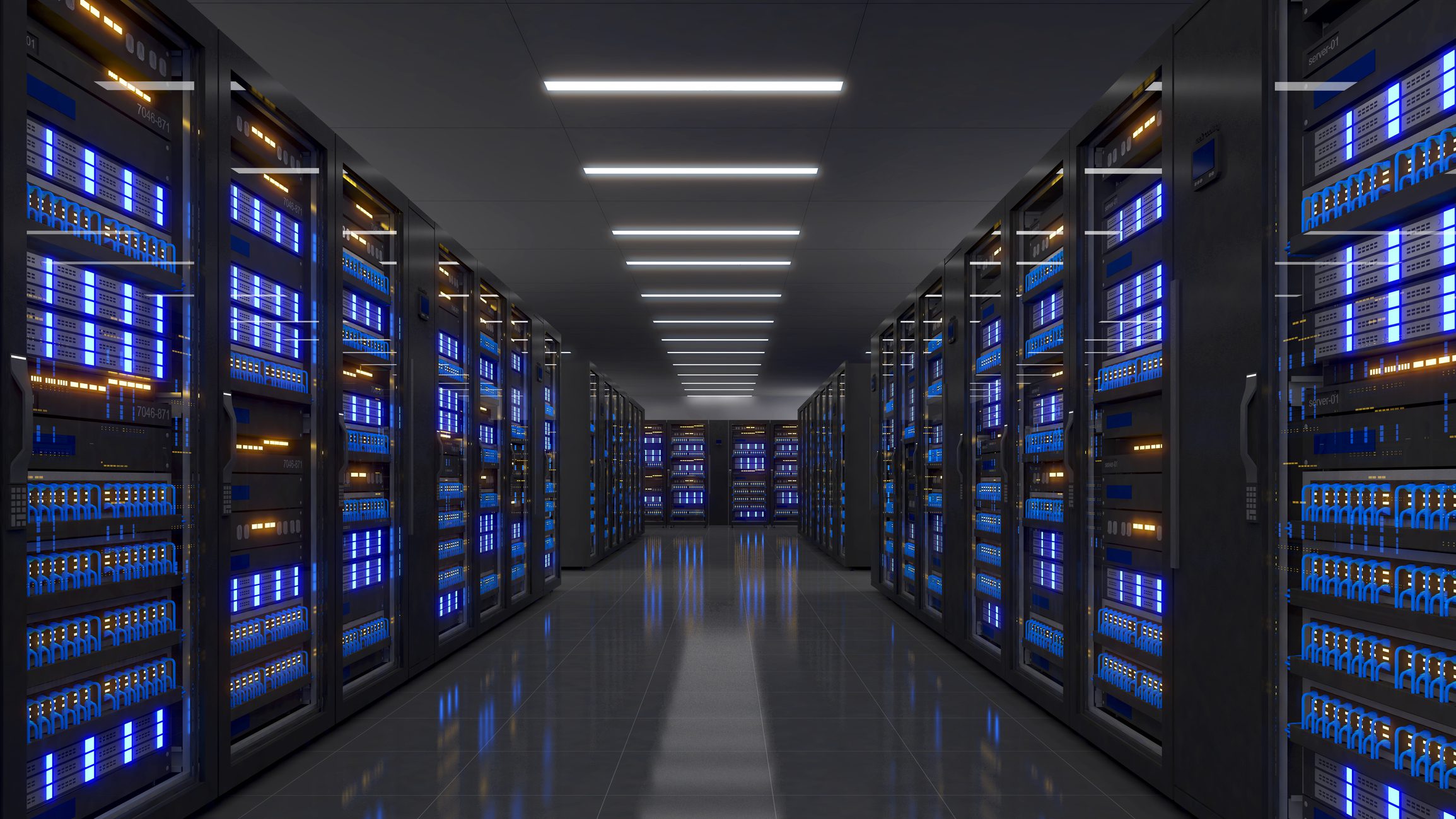 Server room with illuminated data racks.