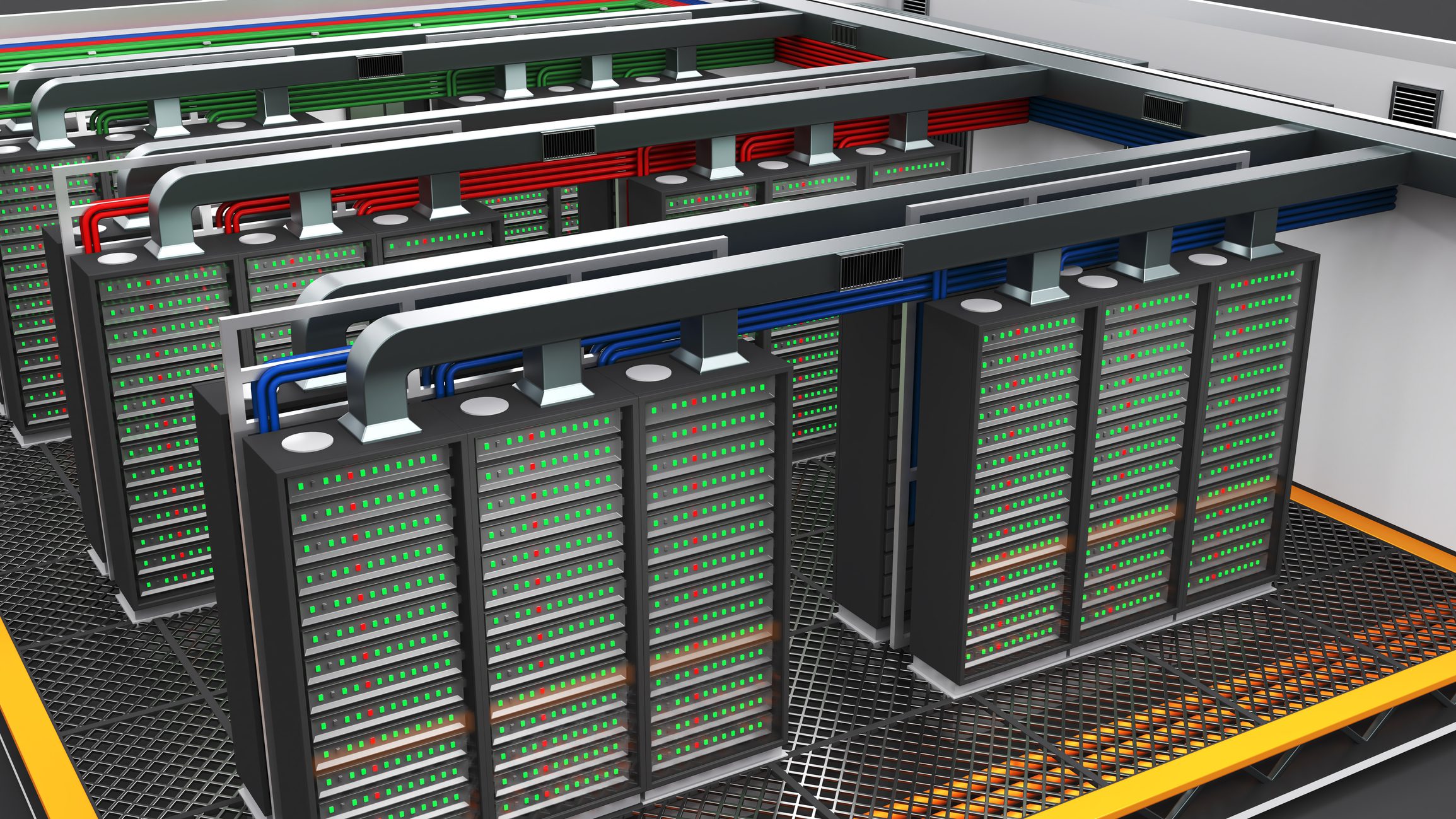 Data center with multiple server racks.