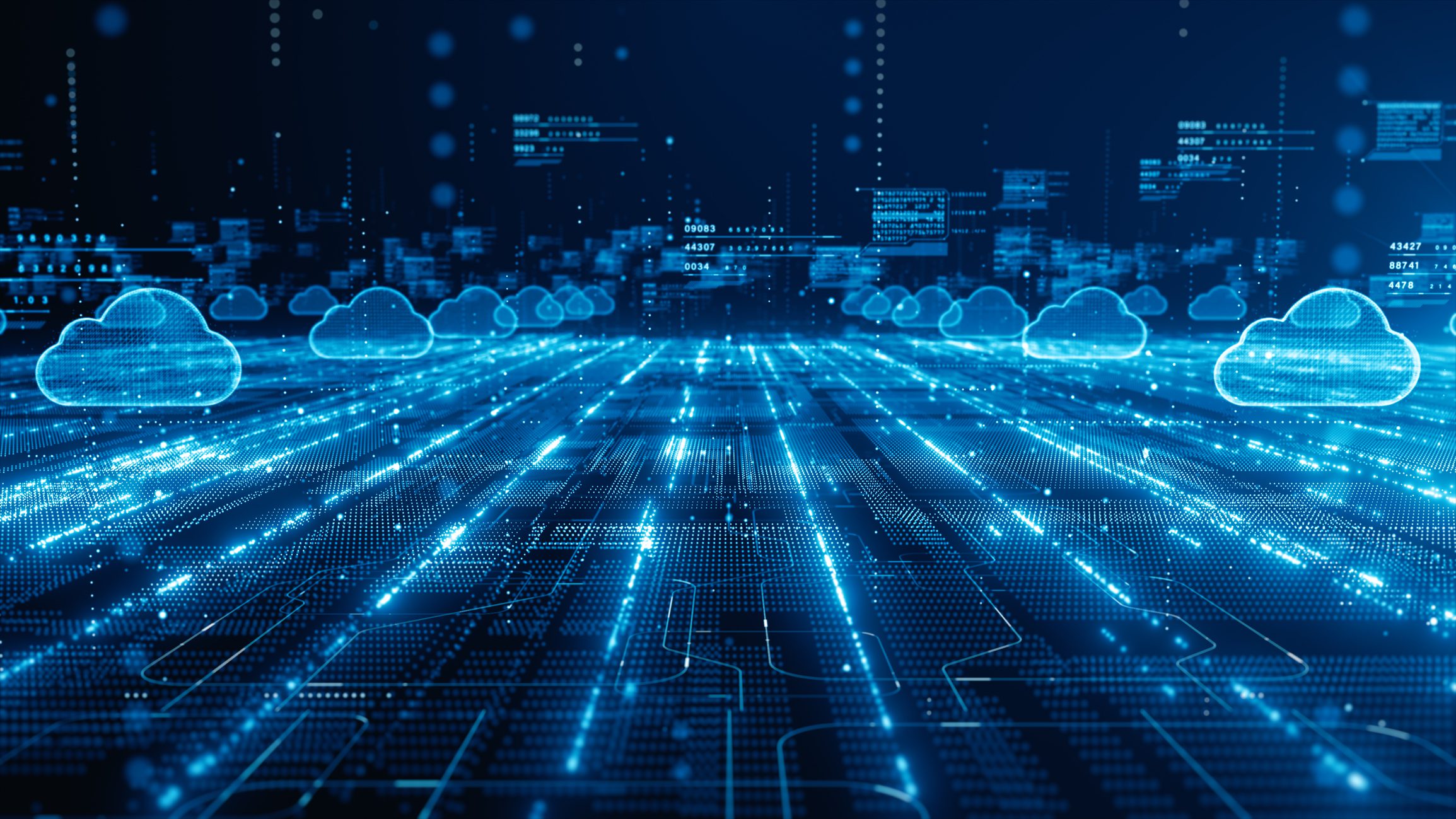 Digital cloud network with glowing blue lines.