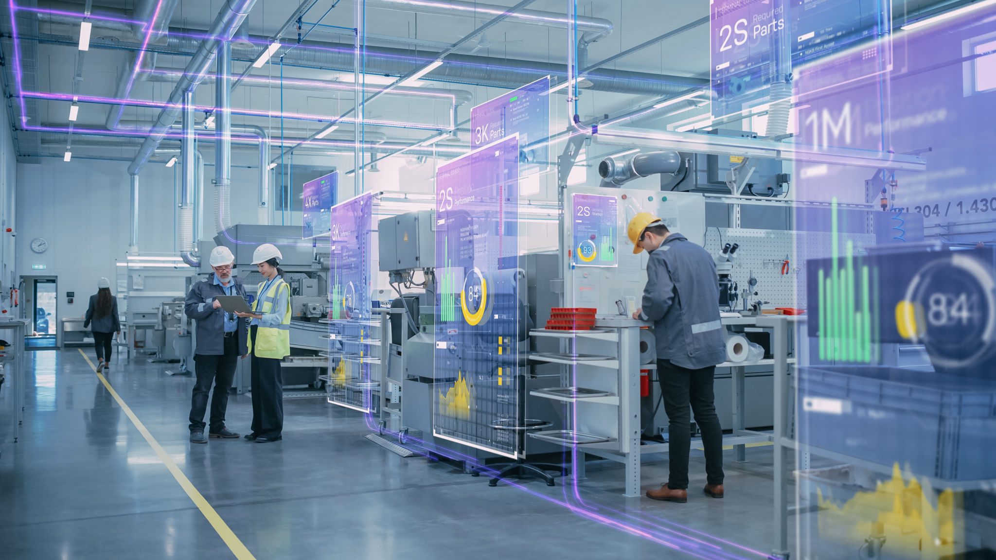 Futuristic factory with digital interface overlays.