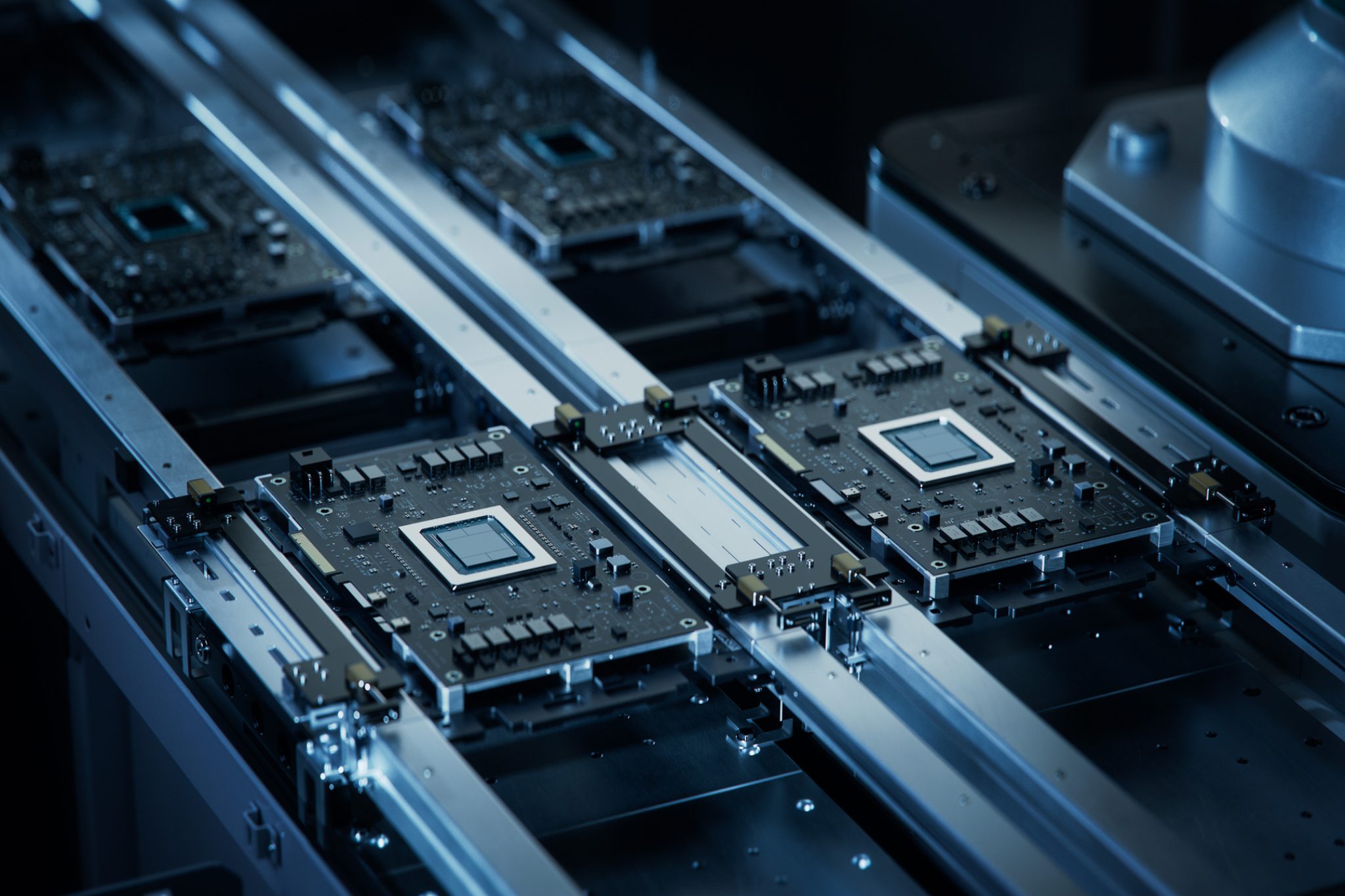Computer chips on assembly line in factory.
