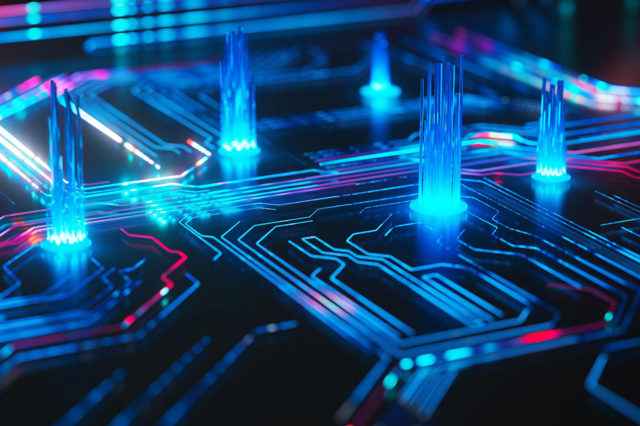 Futuristic glowing circuit board with blue lights.