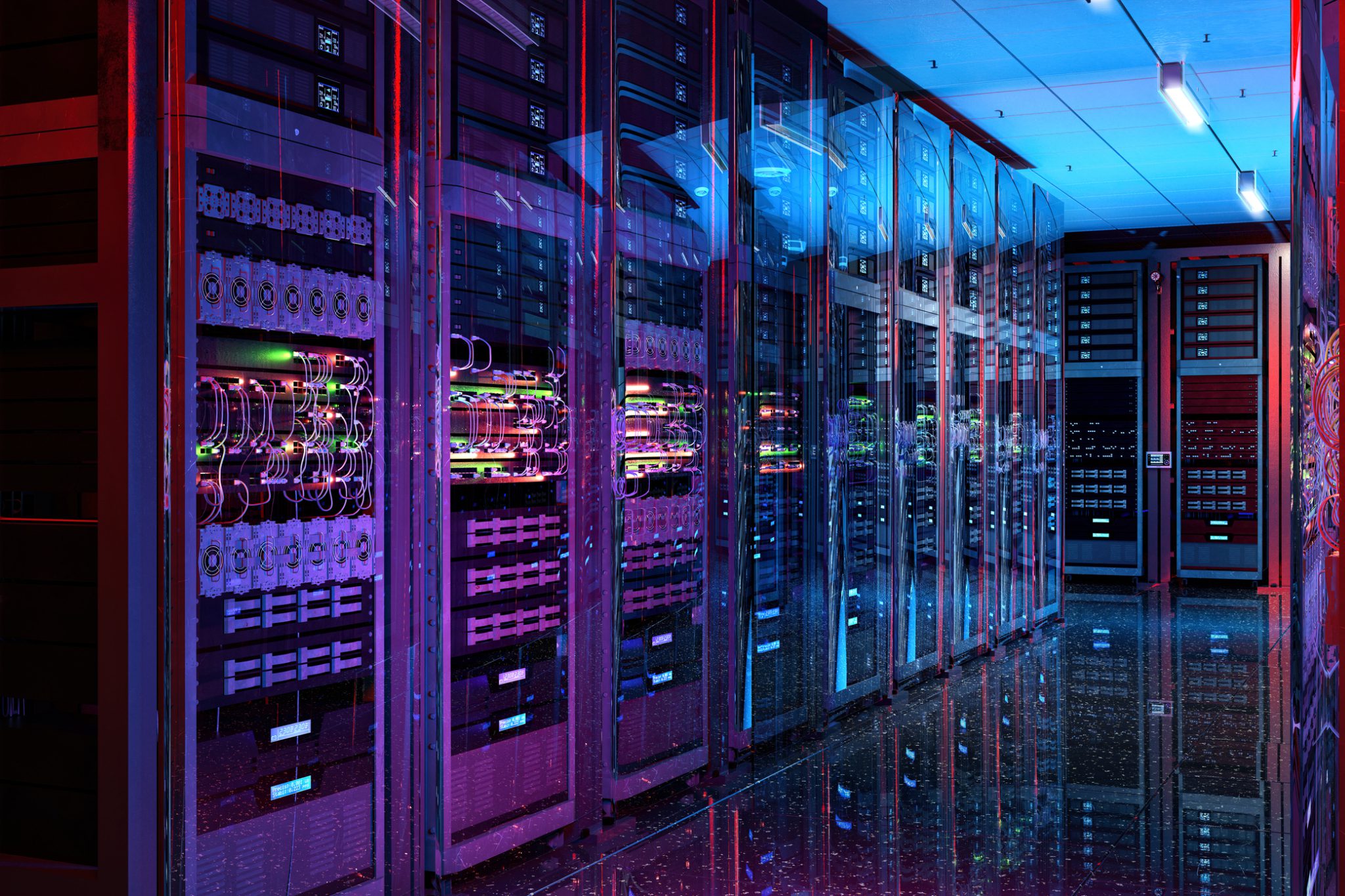 Colorful illuminated data center server racks.