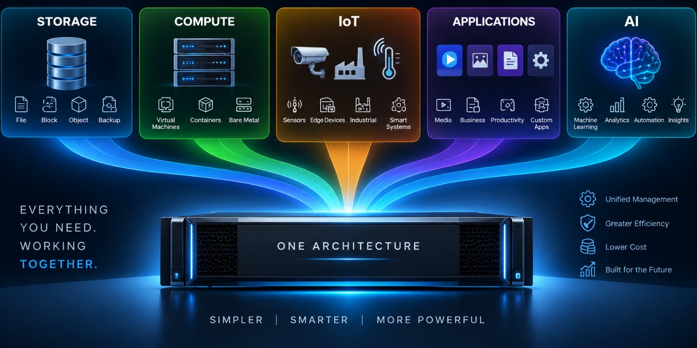 Storage, compute, IoT, applications and AI converging into one architecture. Everything you need, working together: unified management, greater efficiency, lower cost, built for the future. Simpler, smarter, more powerful.