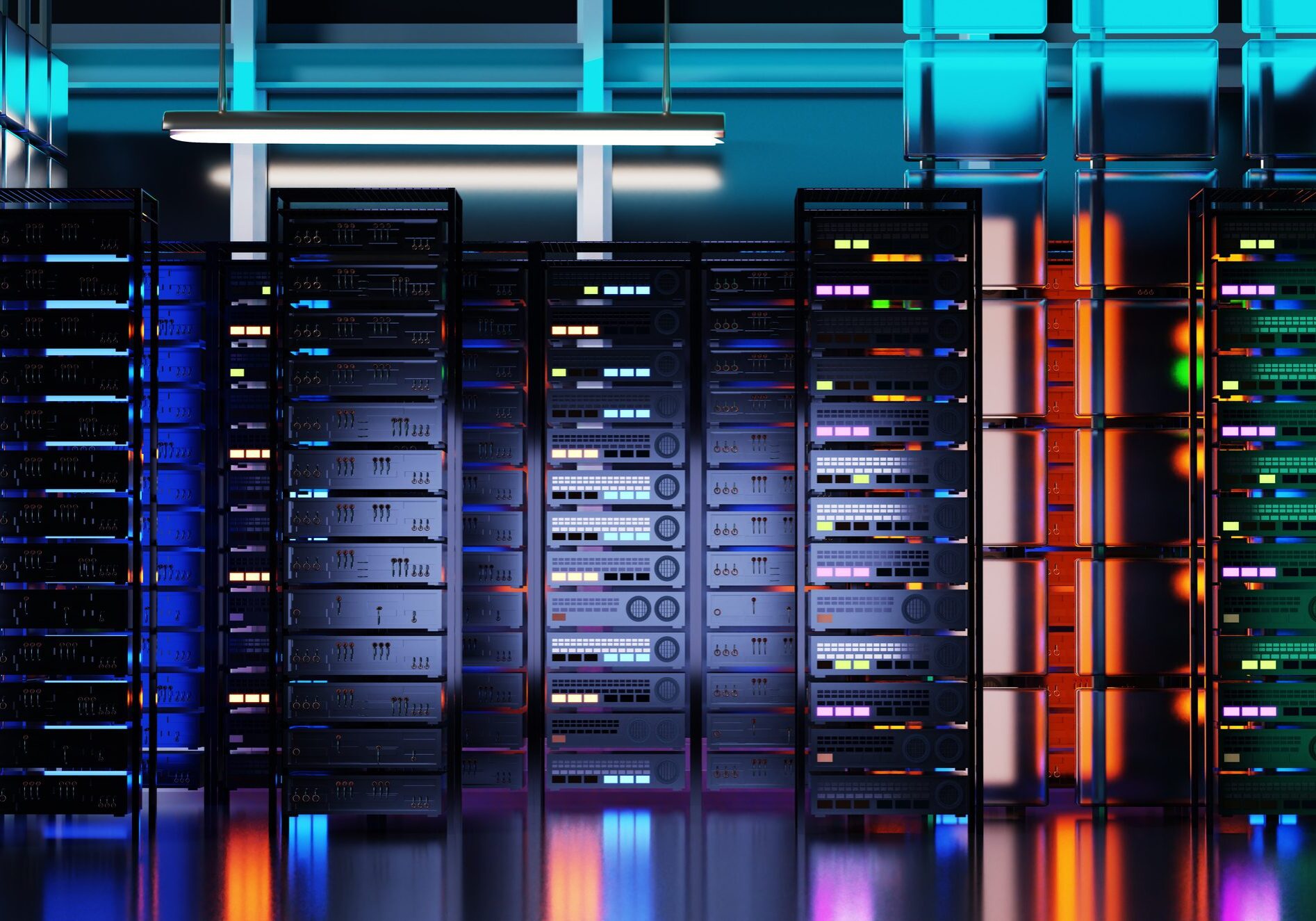 Colorful data center server racks with lights.